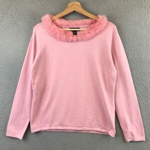 Y2K Effeci Pink Faux Fur Trimmed Crew Neck Long Sleeve Sweater Top Women's L